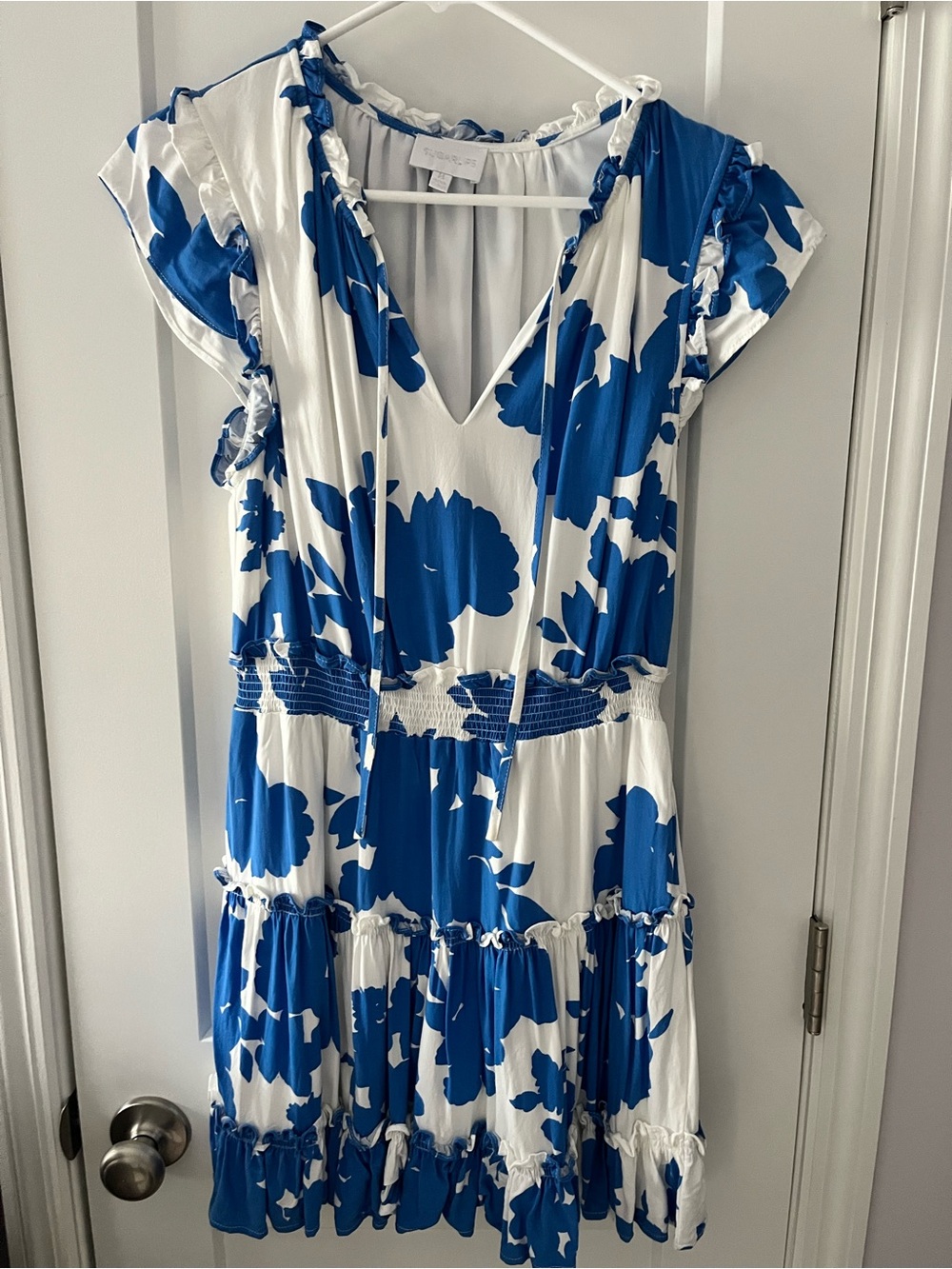 Blue & White Floral V-Neck Tiered Summer Dress
